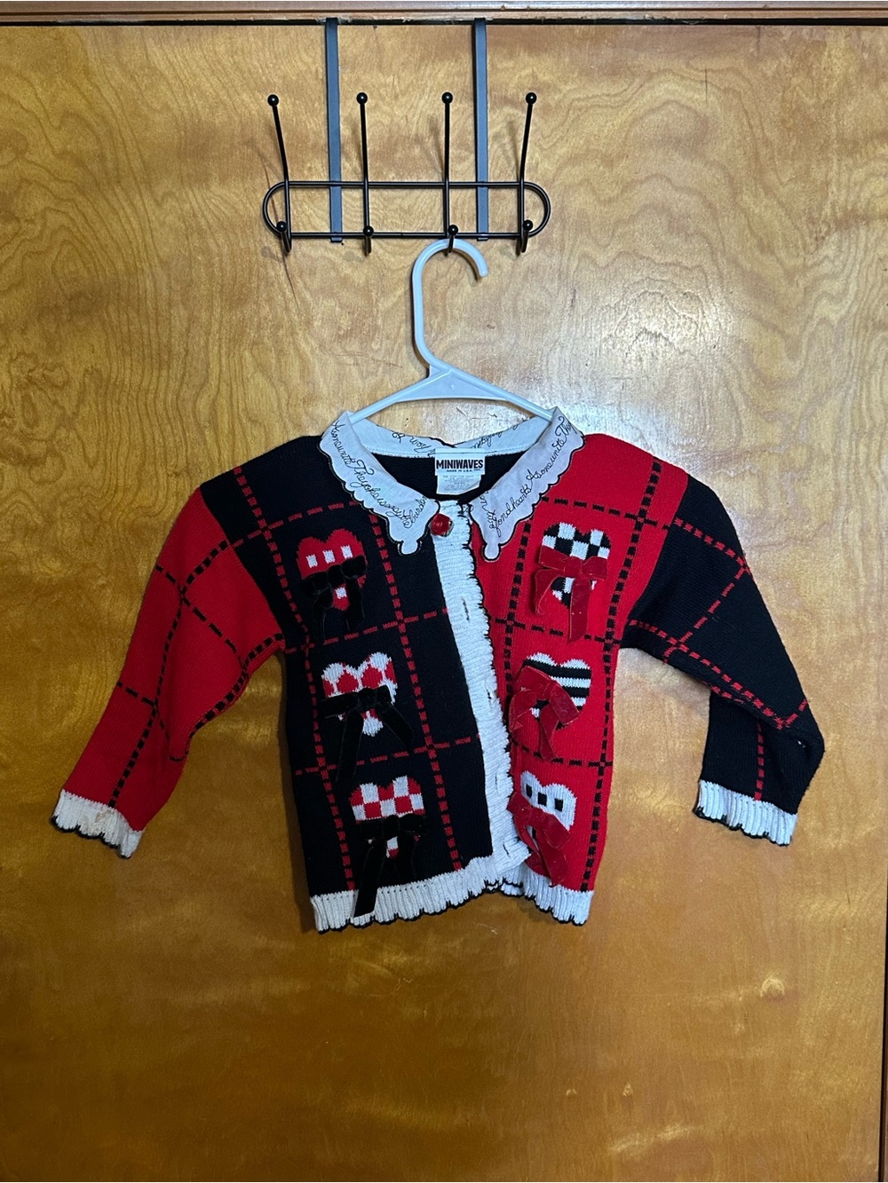 Vintage Red & Black Knit Cardigan with White Trim and Matching Skirt